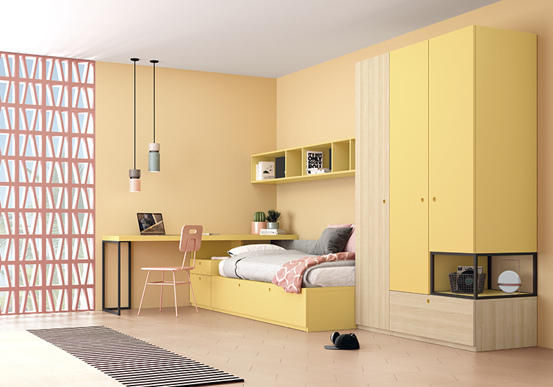 Cama nido Juvenil Roma -10 fabricado con melamina de alta calidad. Consta de cama nido de 90, módulo con cajón y cajón doble, armario de 226×50 