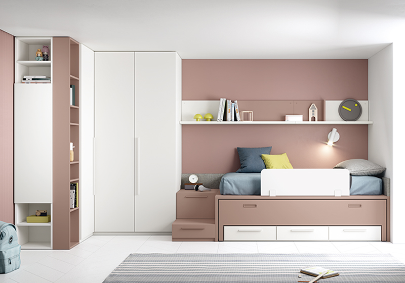 Cama nido juvenil Roma-27 con melamina de alta calidad de 90, módulo con cajón y cajón doble, armario de 226×50 